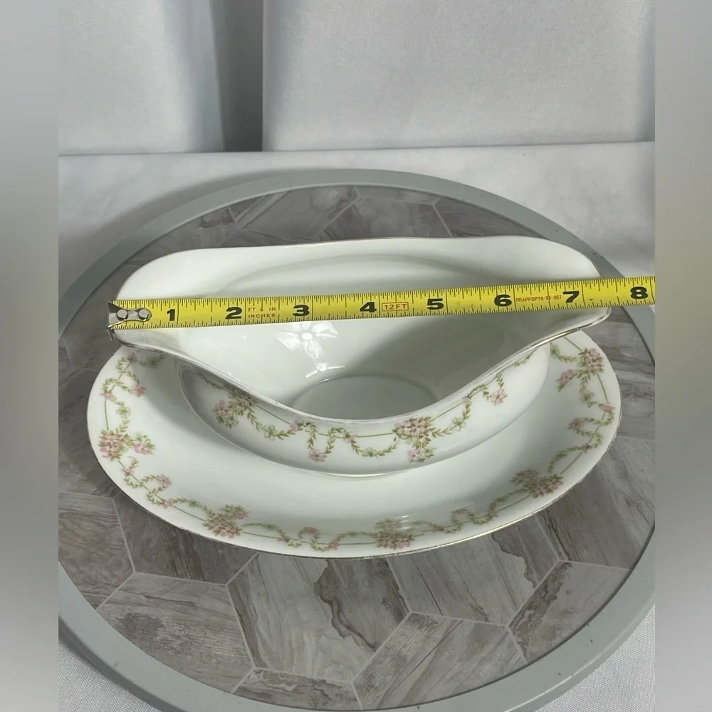 Bavaria Elegant White Delicate Pink Floral Green Garland Gravy Boat with Saucer